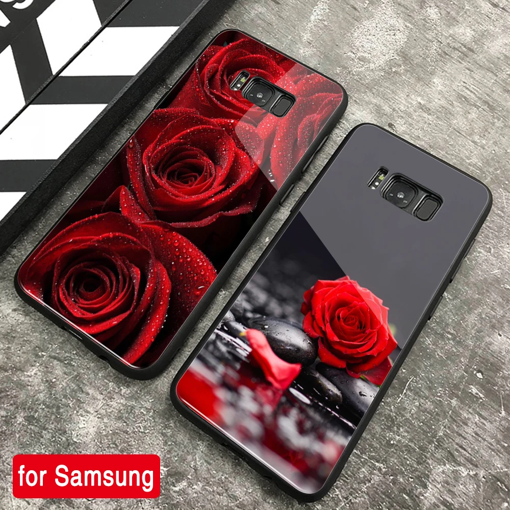 Findercase For Samsung S8 Case Red Rose Patterned Glass Cover For