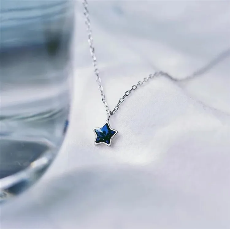 Свежий синий Кристалл Милая звезда мини 925 пробы Серебряная цепочка для ключицы темперамент Трендовое женское ожерелье SNE154