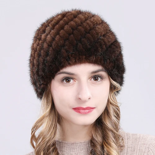 Hot Sale Winter Real Mink Fur Hat Women Good Elastic Knit Real Natural Mink Fur Beanies Hats Lady Real Mink Fur Thick Warm Cap - Цвет: brown