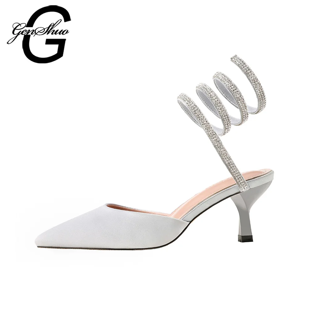 

GENSHUO Women Sandals Sexy Summer Shoes Rhinestone Wedding Shoes Mid Heels 6cm Stiletto Silver
