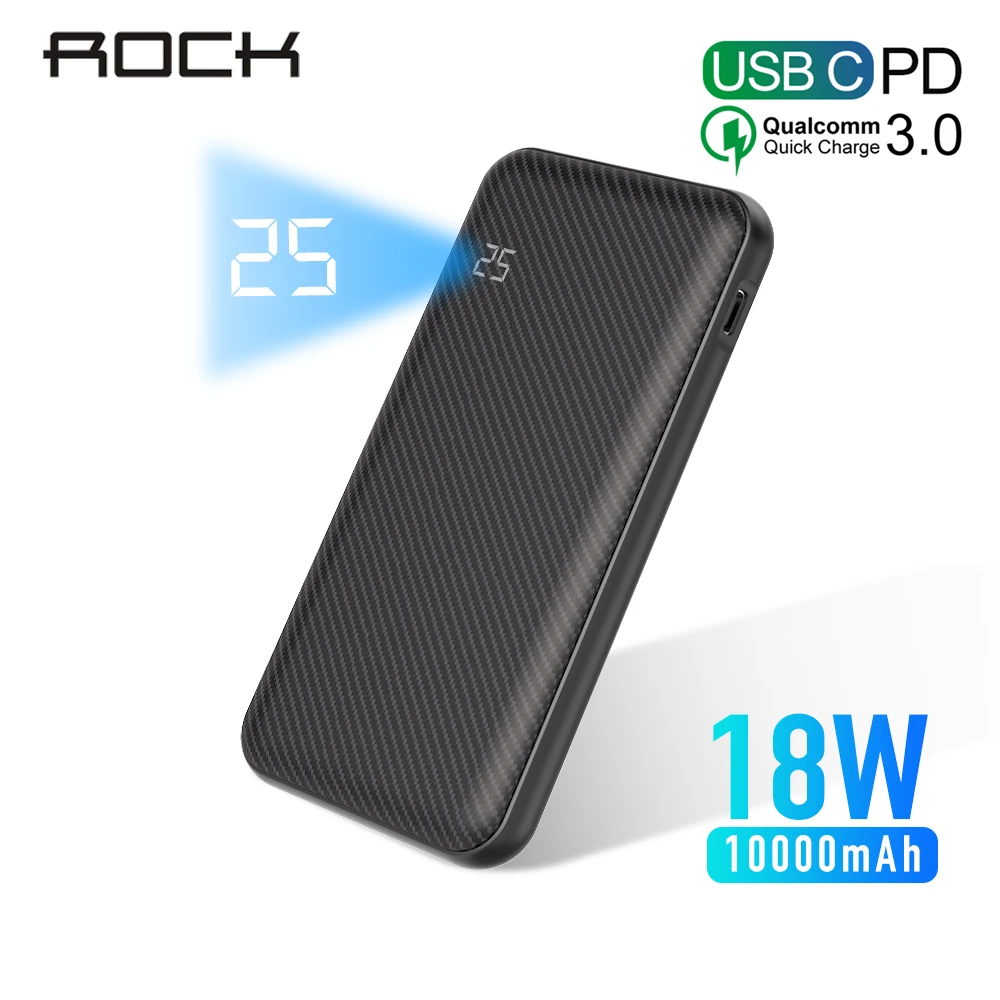 

ROCK 10000mAh Power Bank Type C PD+QC 3.0 Portable Charger Powerbank For iPhone XR X 7 Xiaomi Huawei External Battery Poverbank