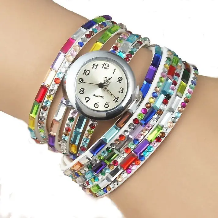 Новая мода полосы браслет часы для женщин радужные стразы PU ремешок кожаный обёрточная бумага Повседневное платье наручные часы reloj A241 - Цвет: Белый