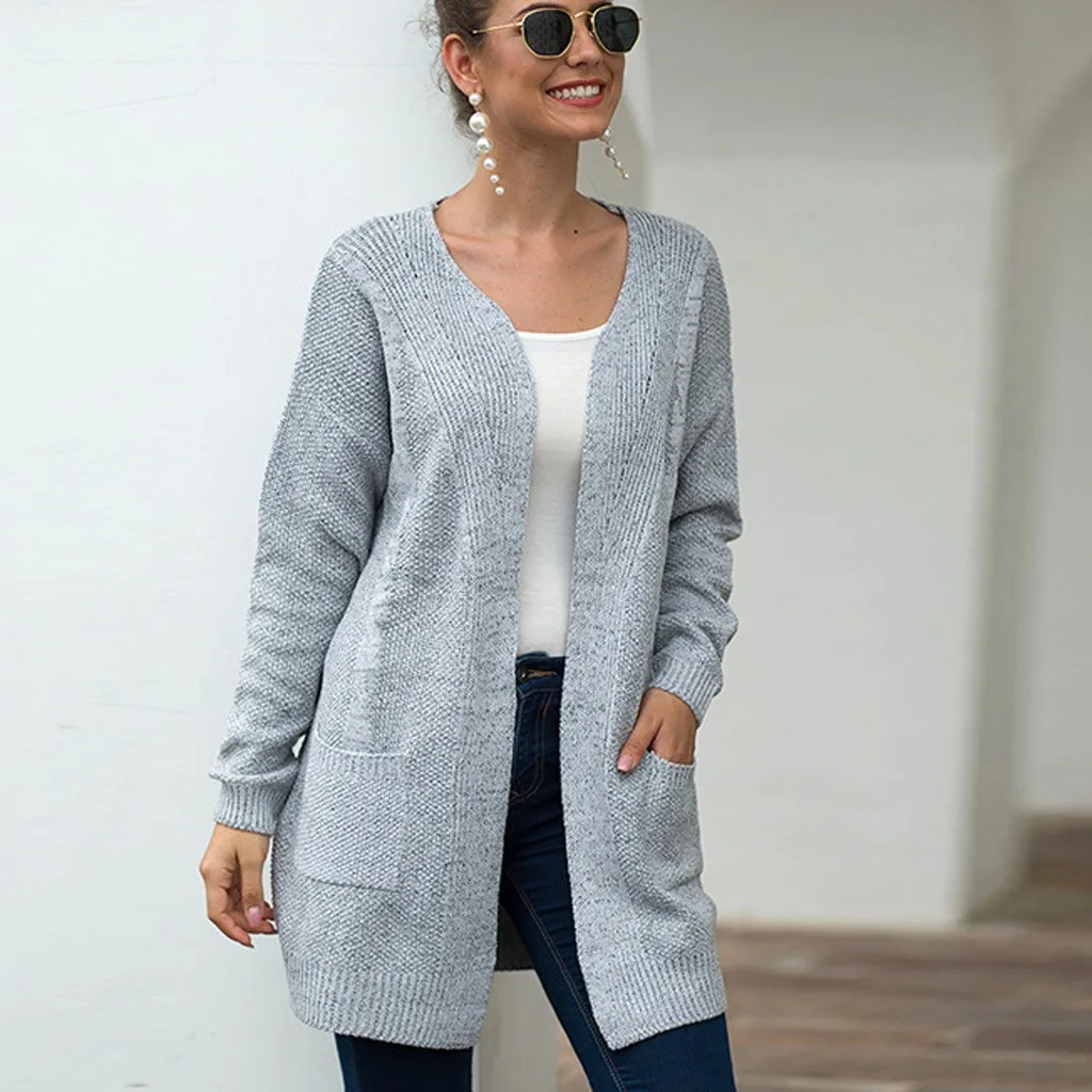 

Autumn Winter Women Solid long Sleeve Pockets Knitted Sweater Cover Up Cardigan Female Women's Long Sleeve Blusas