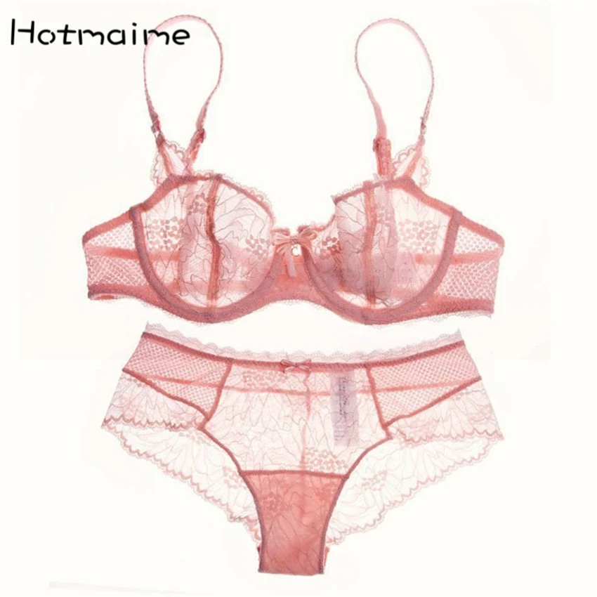  Ultra-thin sexy lace cup bra set pink young girl summer plus size of perspectivity temptation under
