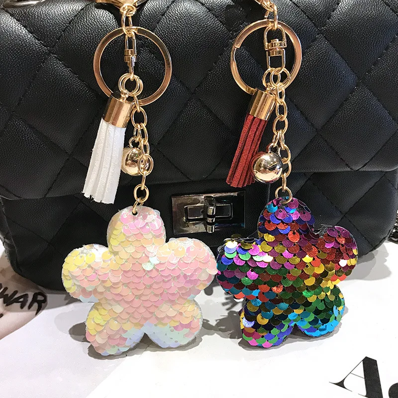 

Cute Flower Keychain Cute Bright Star Glitter Pompom Sequins Tassel Key Holder Gifts for Women Car Bag Accessories Key Ring