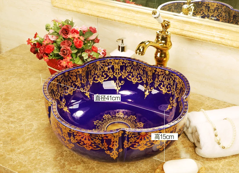 Artistic Painting Flowers Porcelain Art Countertop Wash basin Ceramic Bathroom Vessel Sinks Vanities shampoo bowl sink (3)
