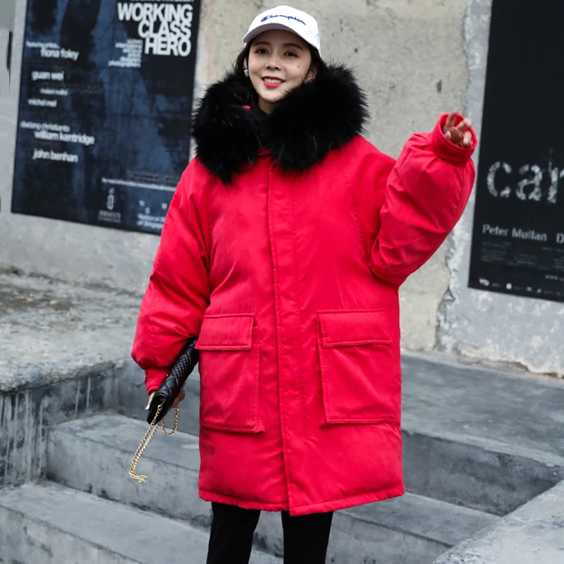 

2019 Korean style women winter long fur parka fashion big pockets hooded coats new arrival streetwear oversized Parka