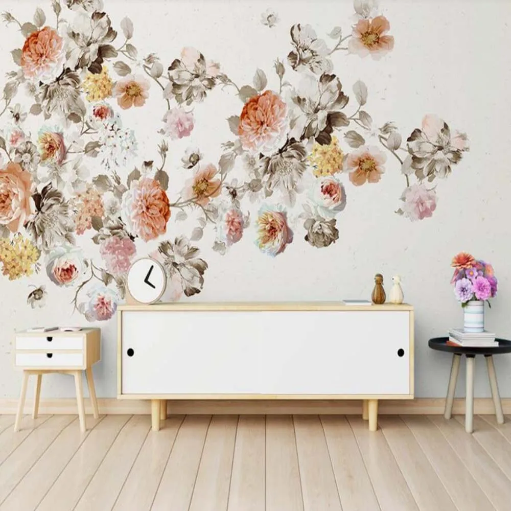 Vintage Hand Painting Rose Floral Wallpaper Mural Wall Murals Wall