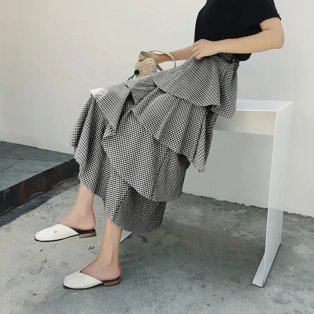 Корейский Миди-юбки летний Для женщин Высокая Талия Длинные многослойные юбки синий черный плед сладкий Saia L1603