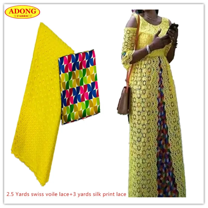 

Yellow Embroidered African Lace match Swiss Voile Lace Fabric High Quality Silk Prints Laces Dry Cotton Lace Fabrics 2.5+3 Yards