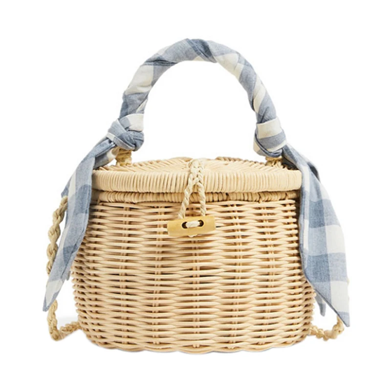 

Women Bucket Handbag Scarves Straw Beach Tote Bag With Cover Wicker Mini Basket Shoulder Crossbody Bags