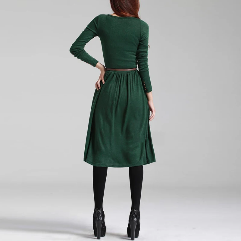 Black/Green 2017 Hot Sale Autumn Winter Dress Women's Long Sleeve Knitted Button Dress Ladies Casual Party Dress  With Belt