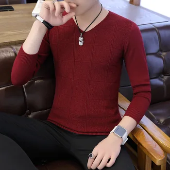 

2020 men v-neck sweater render solid color sweater autumn fashion dark squares thin sweater