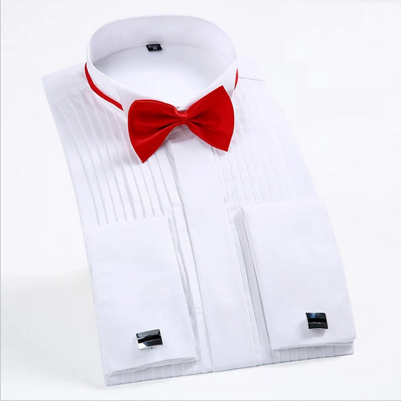 Free bow ties 2018 Fashion White Tuxedo Shirts for Wedding Men Long Sleeve Casual Formal Shirt Men Slim Fit Wedding Male Tops