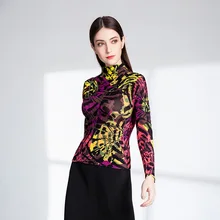 Стиль узкой футболки с длинными рукавами джемпер с высоким воротником Женская одежда плиссированные MIYAKE футболка