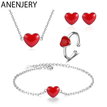 

ANENJERY Classic S925 Stamp Silver Color Jewelry Sets Red Heart Necklace+Earrings+Ring+Bracelet For Women Gift