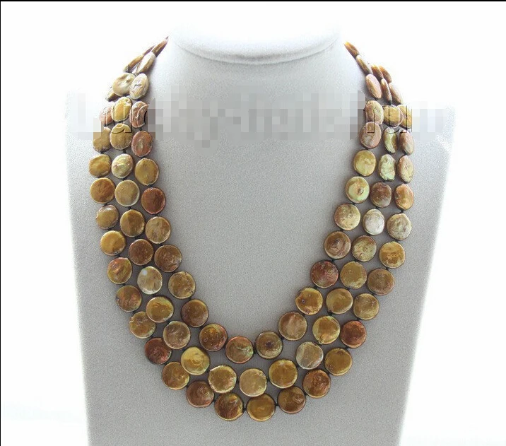 

Free shipping >>>>>> 3row 12mm coin fastener coffee pearls necklace j9507
