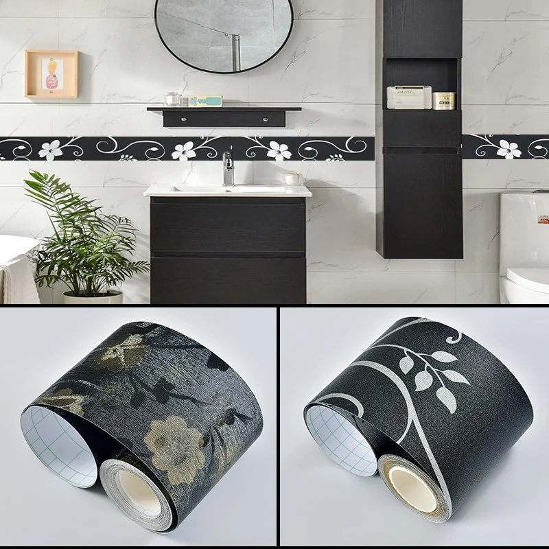 

Baseboard Black Flower Wall Sticker PVC Self-adhesive Waterproof Bathroom Tile Waist Line Stickers Living Room Wallpaper Borders