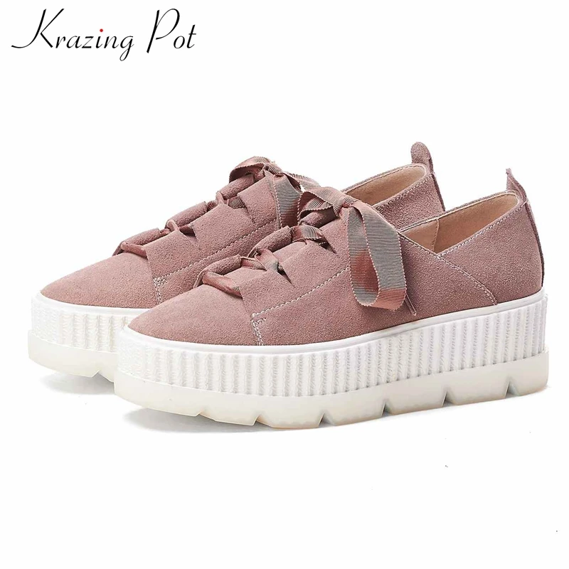

Krazing Pot cow suede lace up non-slip platform round toe European lazy style loafers casual solid color vulcanized shoes L92