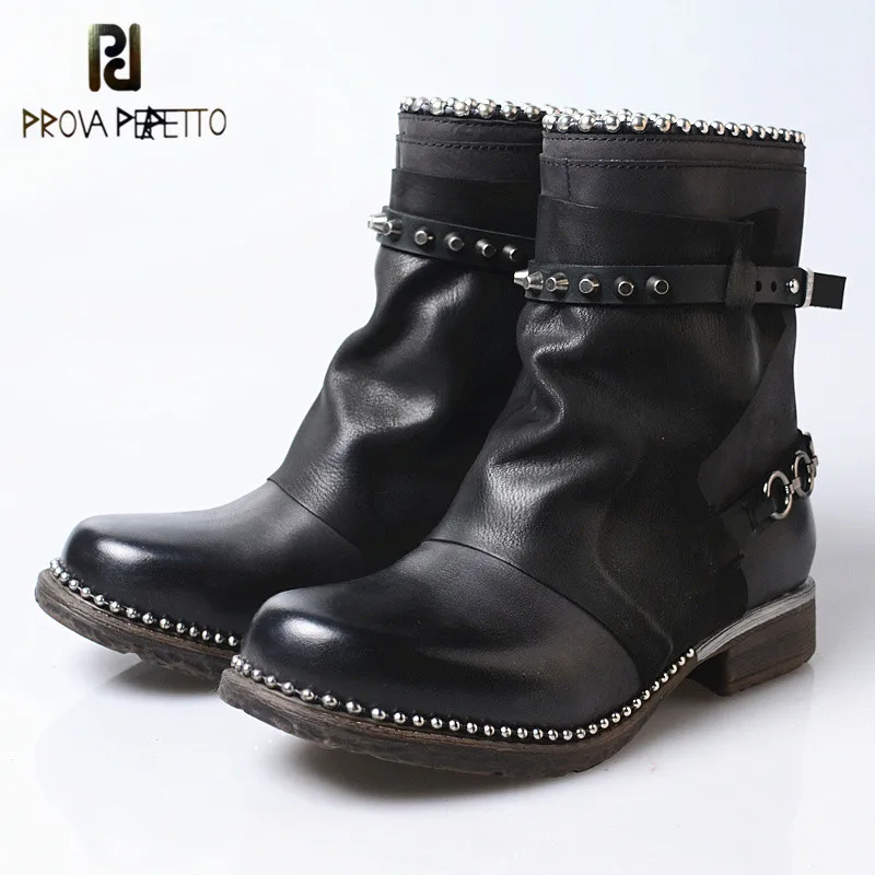 

Prova perfetto 2018 Punk Style New Cow Leather Woman Short Boots Black Solid Color Sheepskin Retro Comfortable Rivet Boots