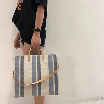 

Fashion Striped Large Capacity Tote Bags For Ladies Vintage Daily Handbags For Female Casual Canvas Shoulder Bags Korean Style