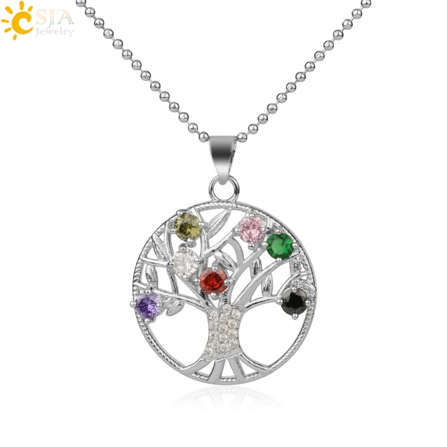 

CSJA 7 Chakra Zircon Tree of Life Pendant Necklace CZ Round Silver Color Metal Life Trees Pendants for Women Charms Jewelry G153