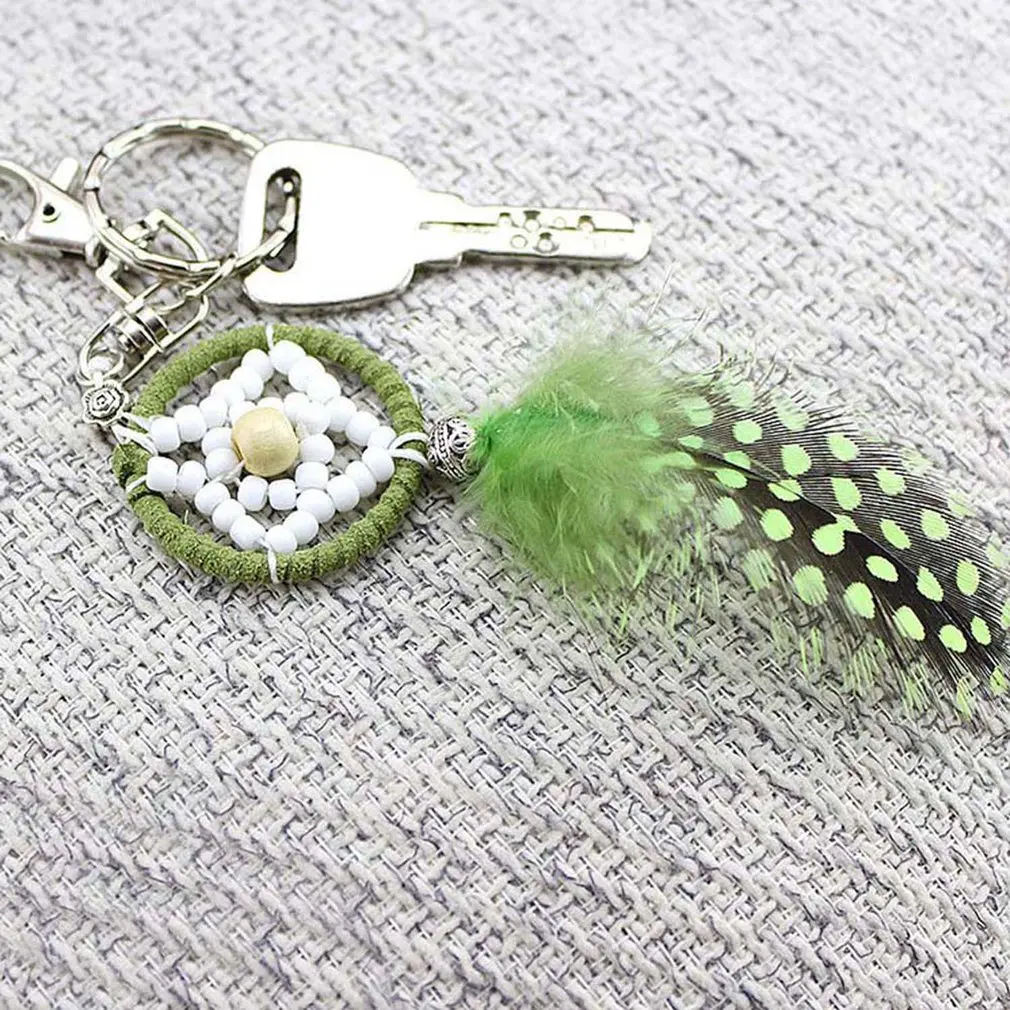 

Hand Woven Bohemia National Wind Catching Dream Net Green Feather Key Chain Car Pendant