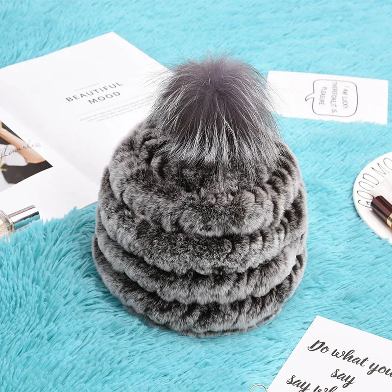 TopFurMall) Multi цвет Подлинная Трикотажные Кролик меховые шляпки Fox pom Poms зимние шапки Мода уха протектор головные уборы LF6001 - Цвет: As picture
