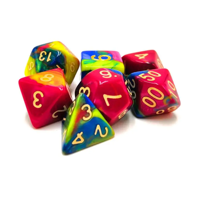 Акриловый 7 шт./компл. D4-D20 Multi по бокам кости TRPG ИГРА Подземелья и Драконы блеск 4/6/8/10/10/12/20 сторон кости 6 цветов