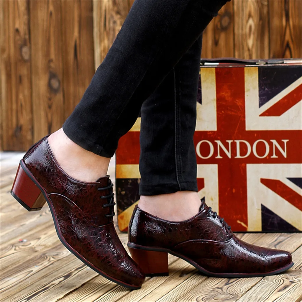 Men Pointed Toe leather shoes Lace-Up Alligator Pattern Busines Dress shoes British style High heel Male Wedding shoes 7.11