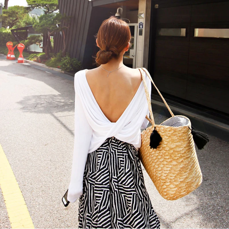 

2017 spring and summer cross sexy big volvulus racerback solid color slim all-match long-sleeve T-shirt basic shirt