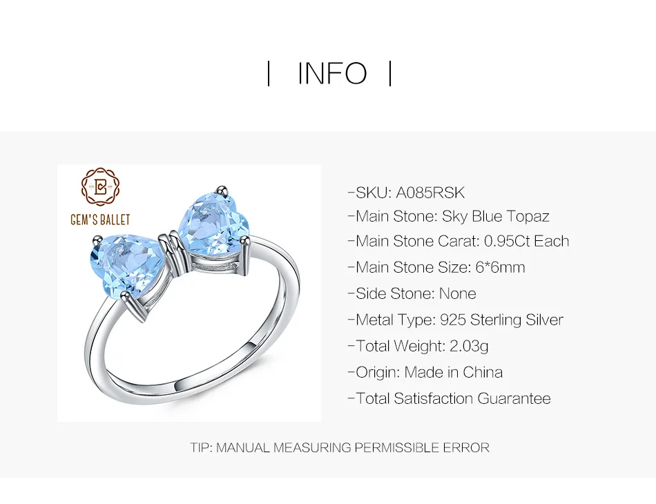 GEM'S BALLET 1.91Ct натуральное небесно-голубое топаз кольцо в форме сердца 925 пробы Серебряное кольцо с бантом для женщин подарок на день Святого Валентина ювелирные изделия