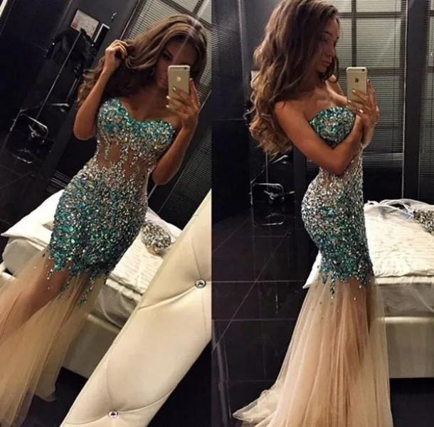 

2019 Sweetheart Long Floor Length Evening Dress Bling Peacock Crystals Mermaid Evening Dress crystal Dress For Party Custom Made