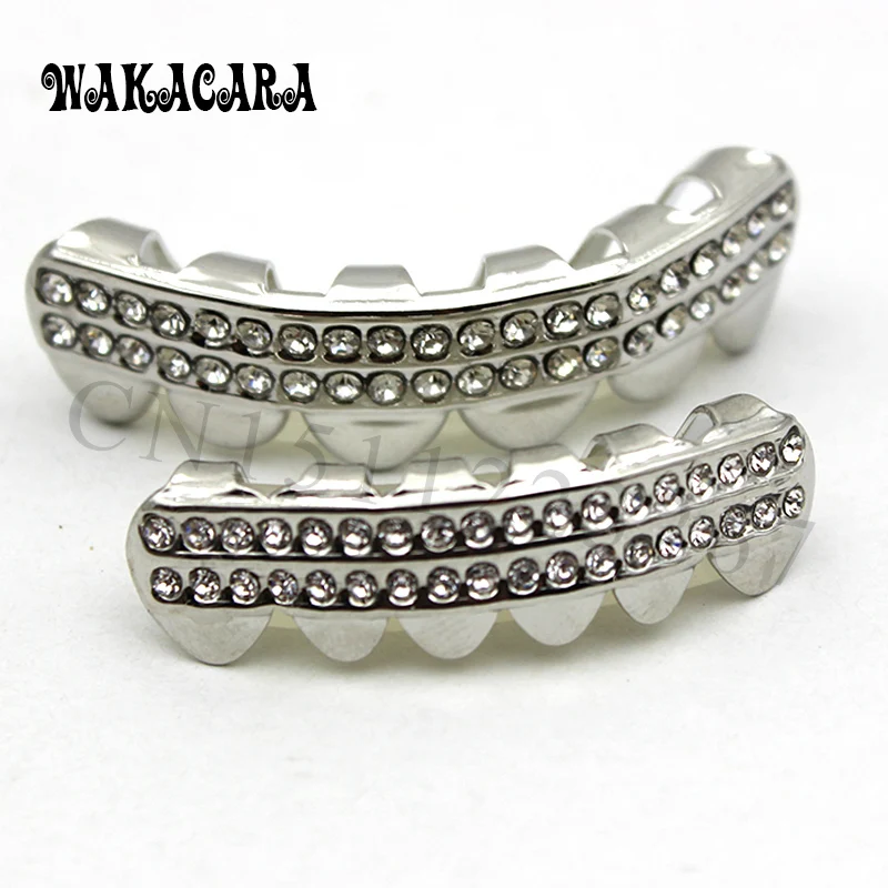 

WAKACARA Brand New Silver Plated Iced Out GRILLZ Top Bottom Silver Set one size easy fitting Teeth Hip Hop Simulated Diamonds