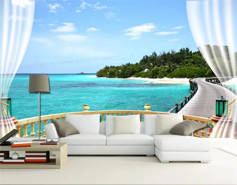 

3D Mural For Living Room Custom Any Size Mural Wallpaper Sea Shore Boardwalk TV Background Wall Mural 3D Wallpaper