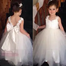 Белый аппликация девушка театрализованное платье тюль с бантом для подружек невесты платье Vestidos феста сшитое платья LD1614