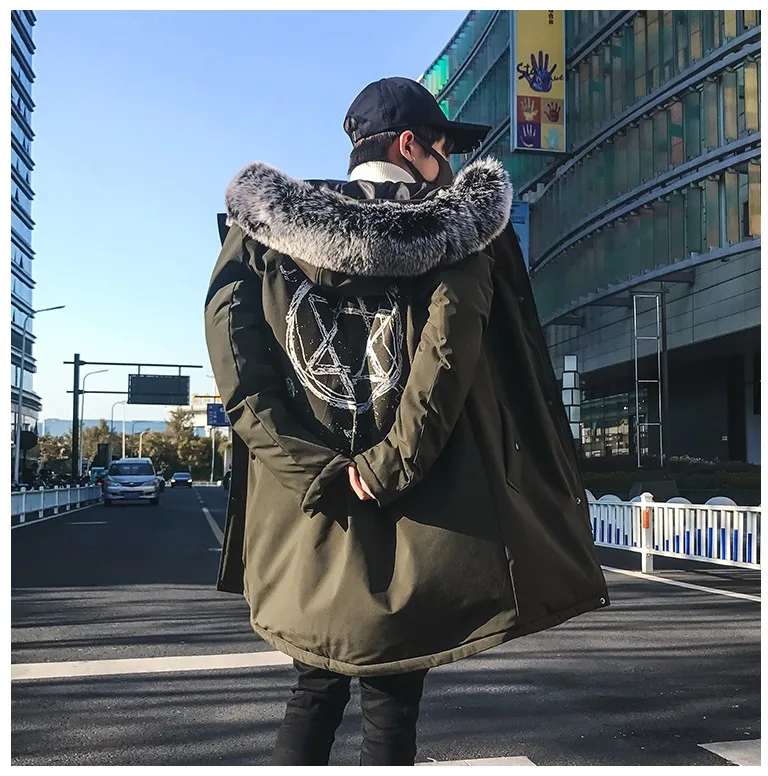 Новинка, уличная Мужская зимняя длинная куртка с капюшоном, с принтом, утепленные мужские парки, меховые теплые пальто с хлопковой подкладкой, YT50150