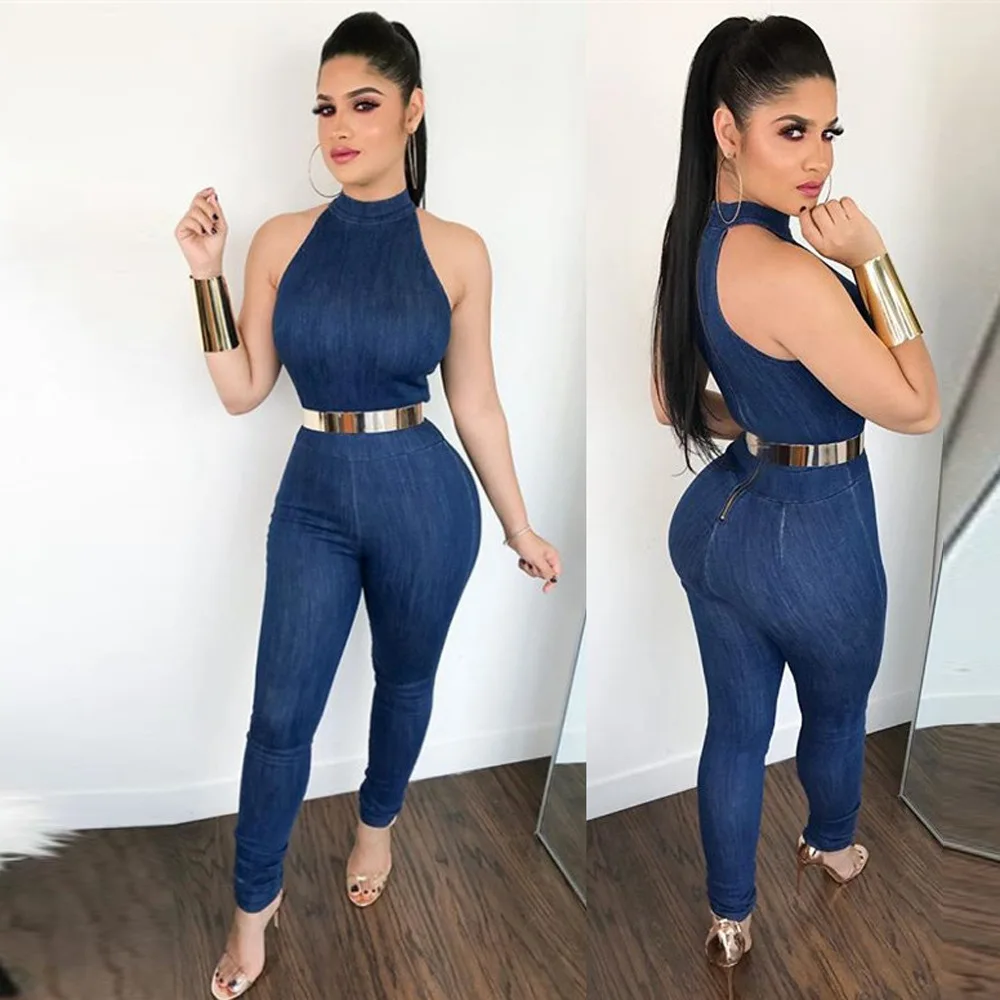 Rompers Women Zipper Blue Jeans Jumpsuit 2018 Summer Denim Long Pants Sexy Slim OL Overalls Jumpsuit Sleeveless One Piece Pants Jumpsuits and Playsuits
