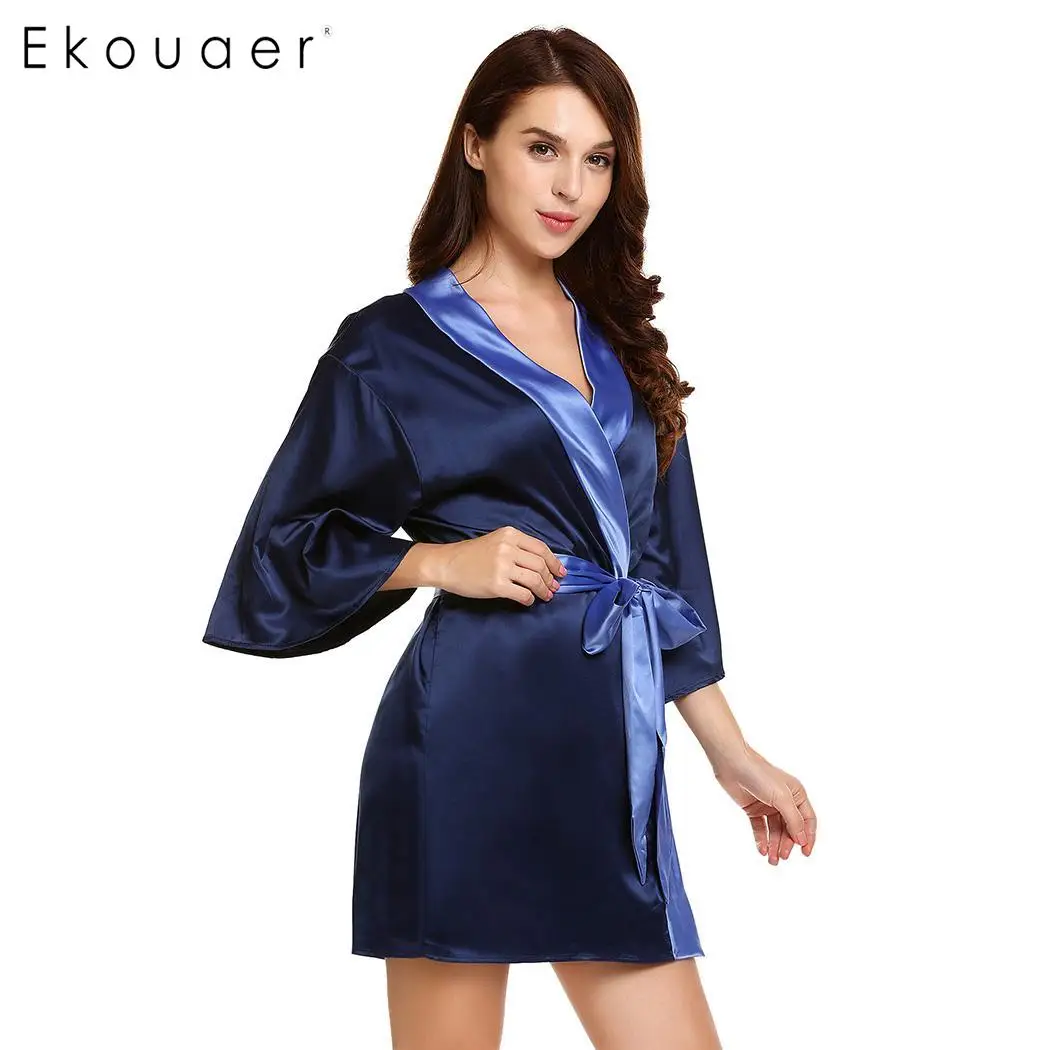 Ekouaer Women Sleepwear Robe 3/4 Sleeve Patchwork Open Front Bathrobes