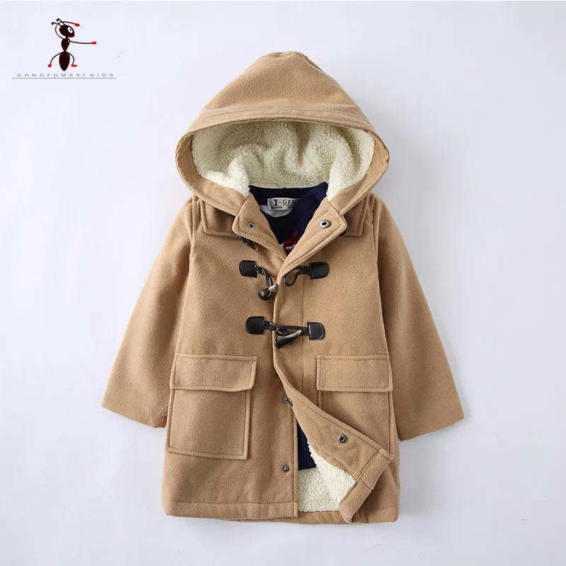 

2017 Kung Fu Ant New Arrival Fashion Hooded Khaki Thick Pockets Worsted Boys Fur Woolen Coats Winter Plush Children 72527