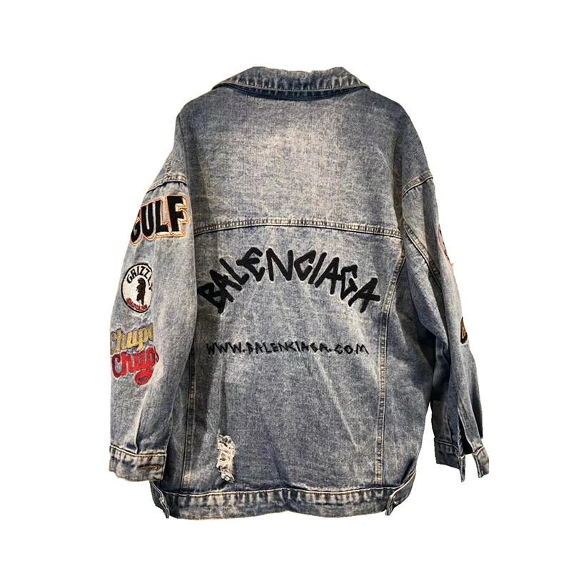 

Spring Embroidery Holes Denim Jacket Women's Hollow Out Jeans Jacket Long Sleeve Turn Down Collar Jacket Casual Loose Coat