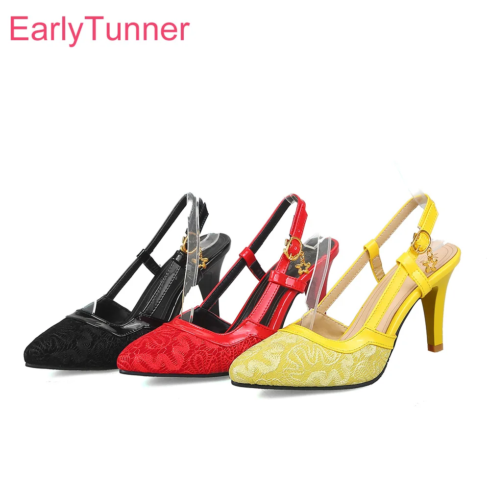 Новые брендовые Летние Элегантные женские босоножки с кружевом красного и желтого цвета женские модельные туфли на шпильке; большие размеры 32, 45, 48, 10, 12; EY28
