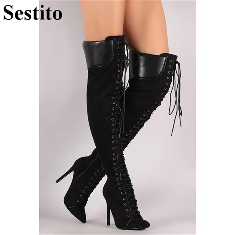 

Fashion Black Cross-tied Winter Boots Woman Pointed Toe Super High Heel Over-the-Knee Boots Women Zip Thin Heels Women Shoes
