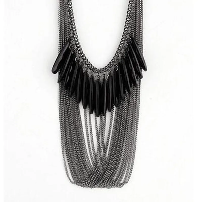 

Hot Selling Black Gems Stone Pendant & Necklace Jewelry Women Sweater Chain Necklace Fashion Multilayers Tassel Necklace