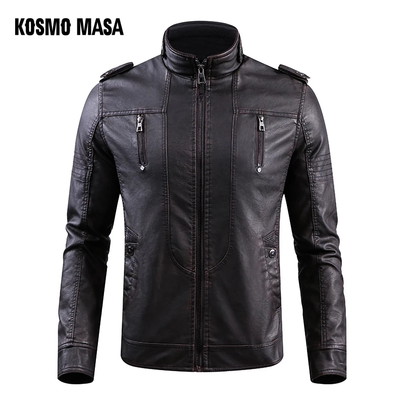 

KOSMO MASA Brown Motorcycle Casual Faux Leather Jacket for Men Autumn Winter Pilot Pu Male Leather Jacket Big Sizes MF016
