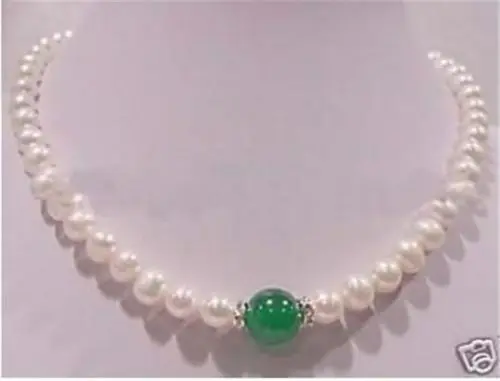 

feel shipping NEW 7-8mm white pearl 10mm green Iab necklace