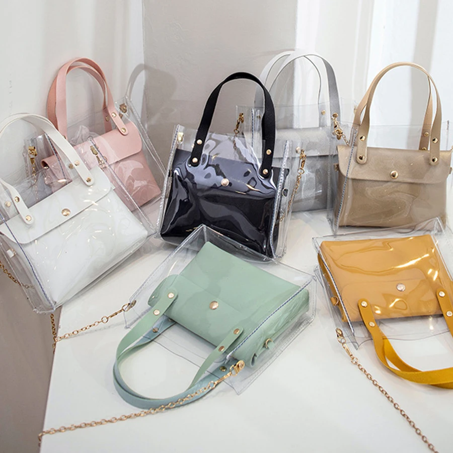 

Simple Transparent Pvc Jelly Composite Bag For Ladies Fashion Metal Chain Crossbody Bag Female Multi Function Small Bagpack New
