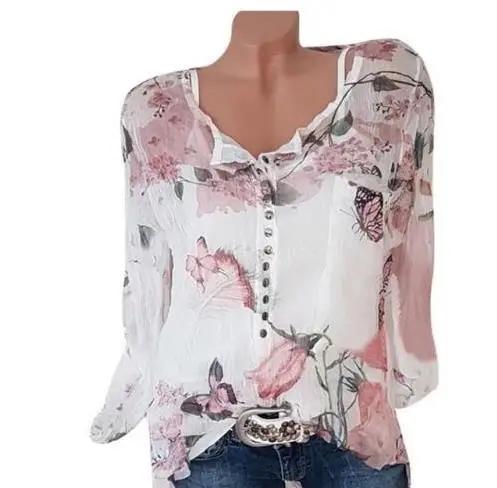 

2019 Spring Summer Long Sleeve Floral Print Women Blouses Casual V-Neck Button Shirts Female Top Blouse Plus size 5XL