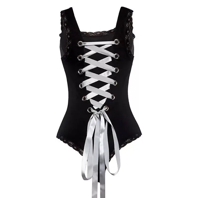 Balck Gothic Summer Vintage Women Rompers Sexy Skinny Ribbon Bandage Hollow Out Backless Slim Elegant Beach Bodysuit for Girls Balck Gothic Summer Vintage Women Rompers Sexy Skinny Ribbon Bandage Hollow Out Backless Slim Elegant Beach Bodysuit for Girls