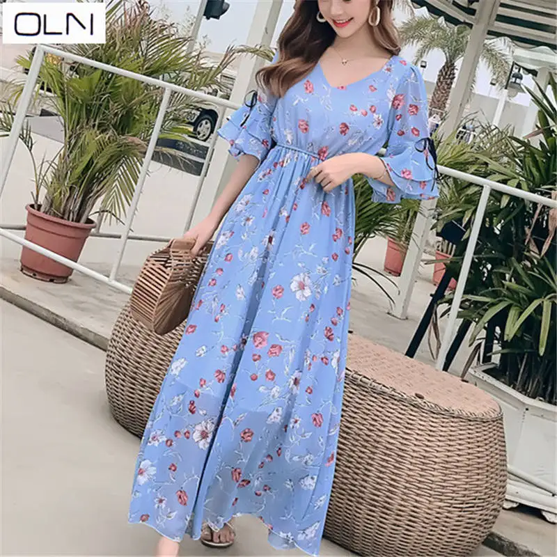 Korean beach dress seaside holiday dress bohemian long dress large swing long floral chiffon dress - Color: Blue